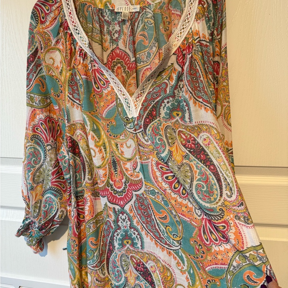 Spense Women Colorful Paisley Flowy Tunic Blouse Size 2X. Crochet neckline. - Picture 5 of 11